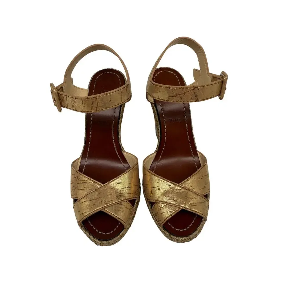 Christian Louboutin Almeria 120 Liege Gold Cork Wedge Sandals Women's Size 36